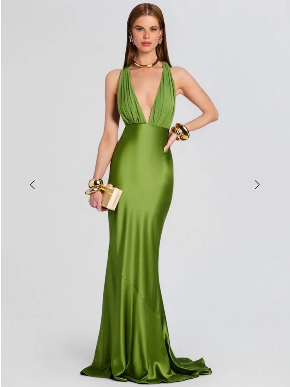 Retrofete Olive Green Plunge Satin Maxi Gown
